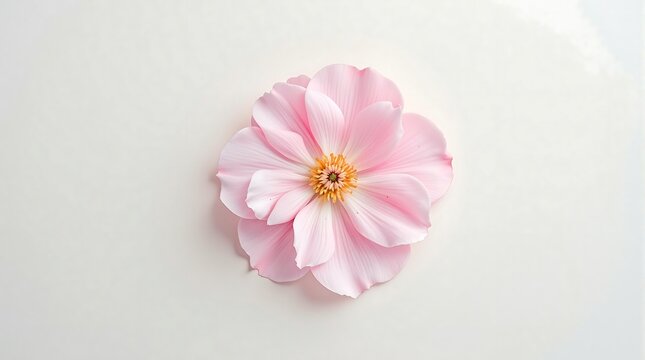 A single pink flower with a yellow center is displayed on a plain white surface in a close up view