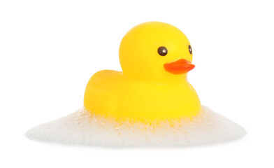 One cute rubber duck and foam isolated on white