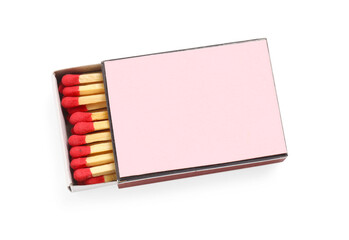 Matches in box isolated on white, top view. Mockup for design