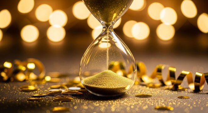 Elegant hourglass filled with golden sand amidst festive decorations and soft glowing lights