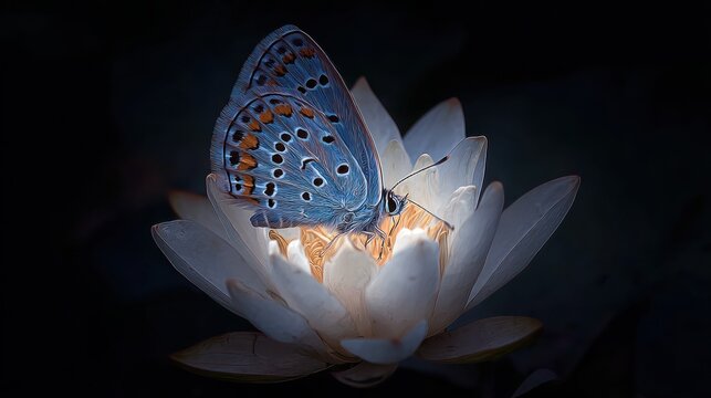Blue butterfly on a glowing white flower in dark ambient lighting environment