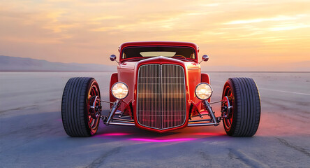 Epic Custom Hot Rod Coupe with Oversized Wheels and Chrome Engine in Arid Landscape, Classic American Automotive Power, car transport background	