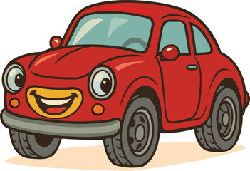 Editable and high-resolution cartoon vector illustration of a red car with a happy smiling expression and big eyes. Perfect for children's books, kids' coloring pages, and print on demand products.