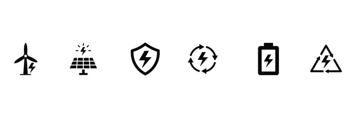 Electric power symbol. Power energy sign. Vector glyph pictograms of lightning bolt, battery, plug, solar panel, wind turbine, power, renewable energy, electrical safety black silhouette illustration.