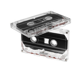 Audio cassettes with magnetic tapes isolated on white
