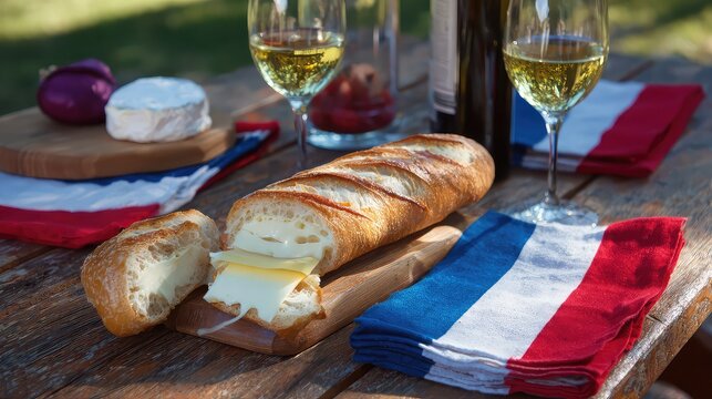 A french picnic with baguette cheese wine and red onion on a wooden table - Powered by Adobe