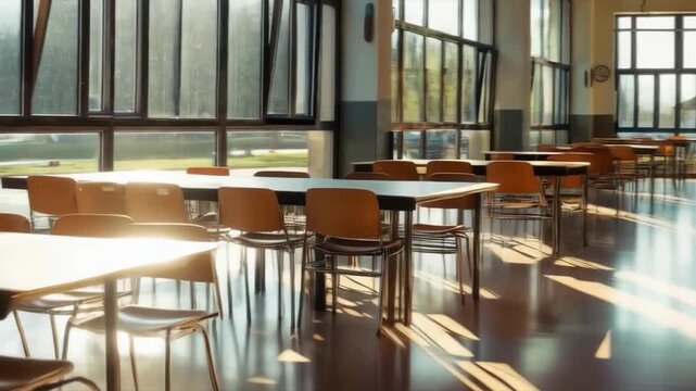 An empty classroom with rows of tables and chairs by the windows. Suitable for illustrating educational themes and advertising educational institutions.
