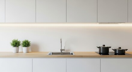 Modern kitchen interior featuring sleek cabinetry, minimalist design, and potted plants on countertop