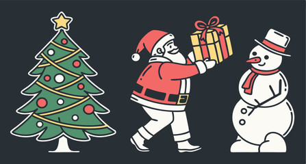 Cheerful Christmas Illustration: Santa, Snowman, and Decorated Tree in Flat Line Art Style