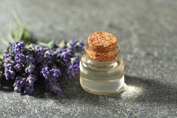 Bottle of lavender essential oil and flowers on grey table, closeup