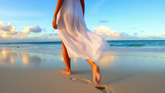 A beautiful and elegant woman walking on the beach at sunset.