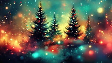 Festive Christmas Trees with Colorful Lights and Bokeh on Abstract Teal Background