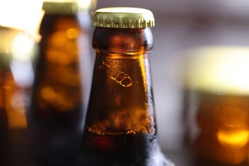 Bottle of tasty beer on blurred grey background, macro view
