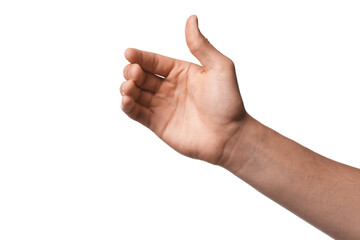 Man holding something on white background, closeup