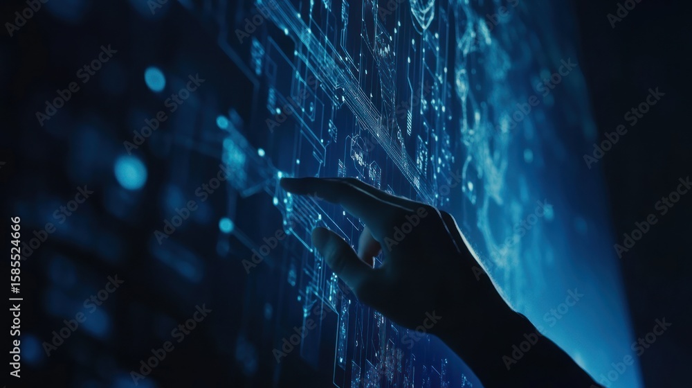Aufkleber advanced technology interaction, person using futuristic touchscreen interface