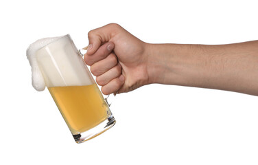 Man with glass mug of tasty beer on white background, closeup