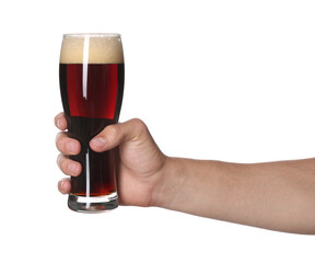 Man with glass of tasty beer on white background, closeup