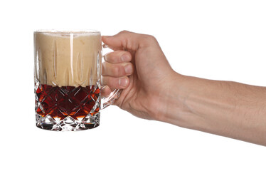 Man with glass mug of tasty beer on white background, closeup