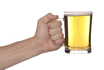 Man with glass mug of tasty beer on white background, closeup