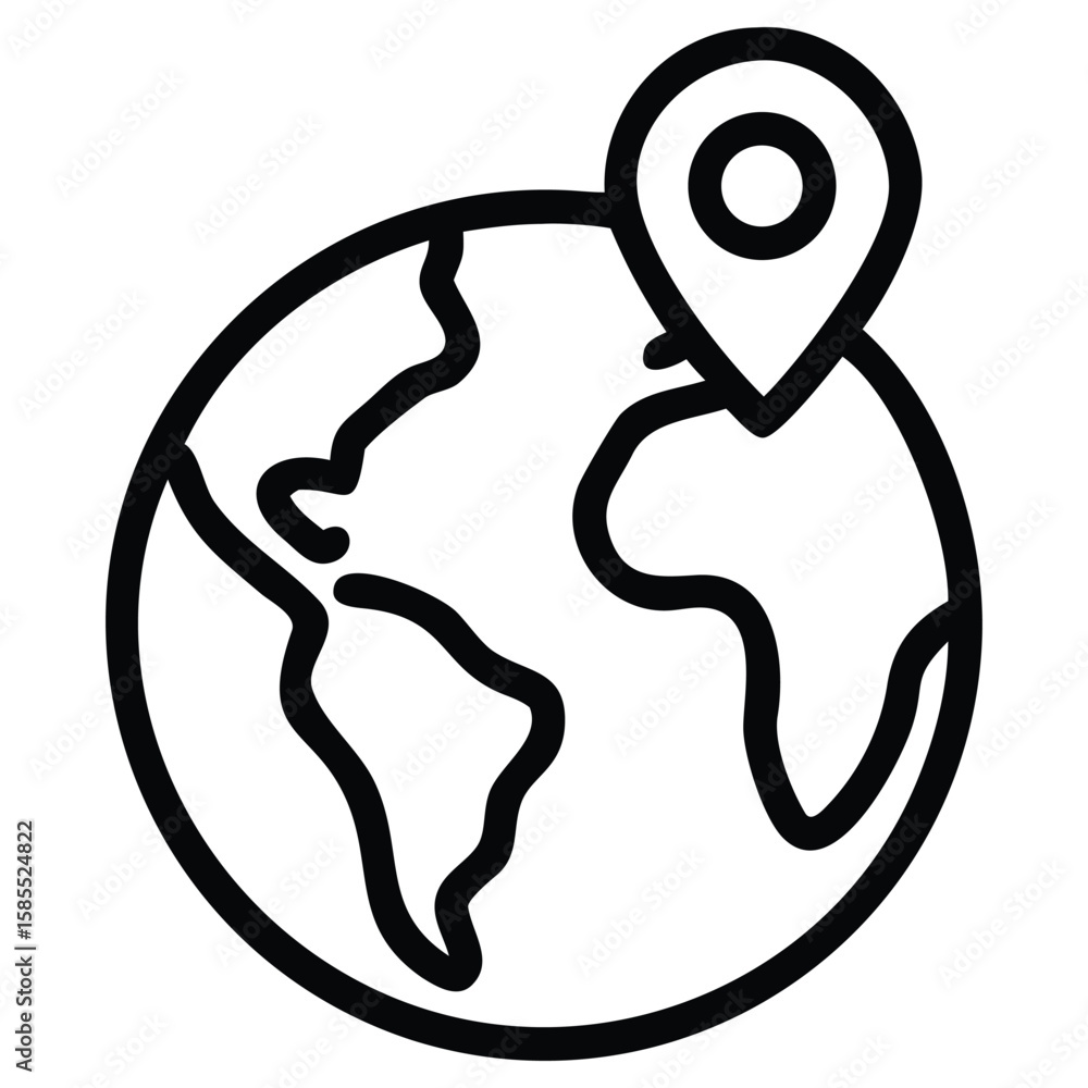 Poster globe outline with map pointer icon, global destination symbol, travel vector