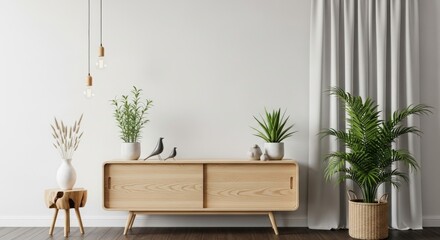 Modern interior design featuring a wooden cabinet with plants and decorative birds against a minimalist wall