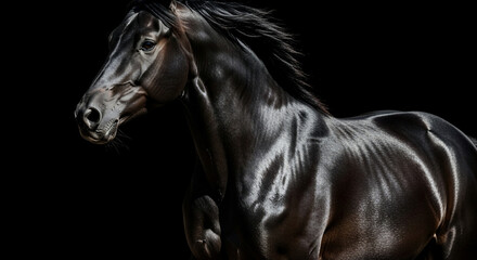 Obraz premium A sleek black horse, in profile view, against a black background, showcasing its powerful physique.