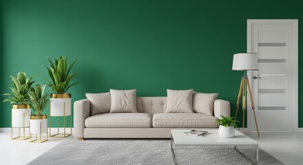 Modern living room with a green wall, stylish furniture, and decorative plants creating a cozy atmosphere