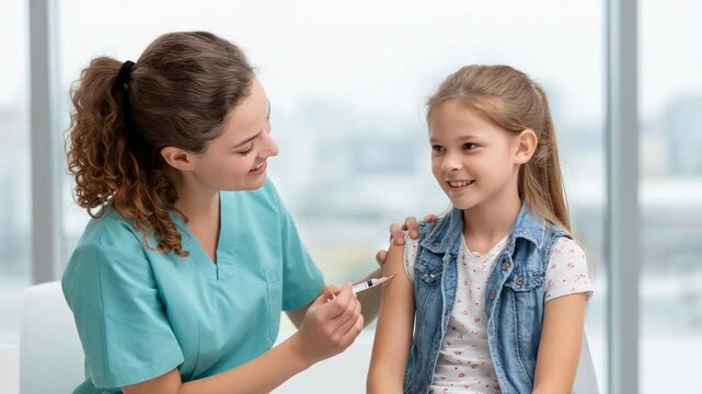 Smiling nurse giving vaccine injection to happy child girl during medical appointment in bright clinic