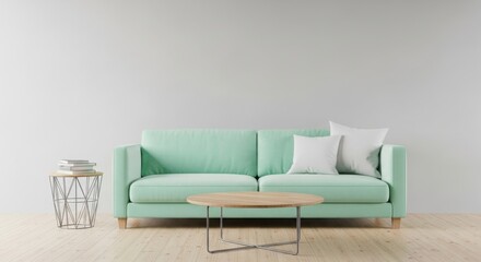 Modern living room featuring a mint green sofa with decorative pillows and a wooden coffee table