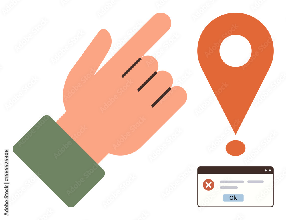 Poster hand gesture points to orange location marker with exclamation point small error popup nearby. ideal