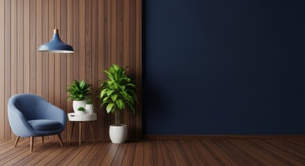 Cozy modern living room with blue chair, wooden walls, green plants, and stylish lighting fixture