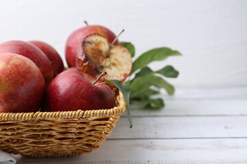 Spoiled apple and good ones in basket on white wooden table, closeup