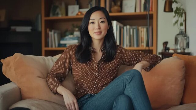 A woman relaxing on a couch with her legs crossed, surrounded by books. She's smiling towards the camera, showcasing a cozy reading space.