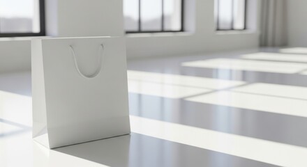 A white shopping bag in a bright, modern room