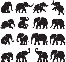 A pack of 20 elephant silhouettes in different poses like walking, playing, and sitting. Great for wildlife art, safari themes, and minimal animal vectors.