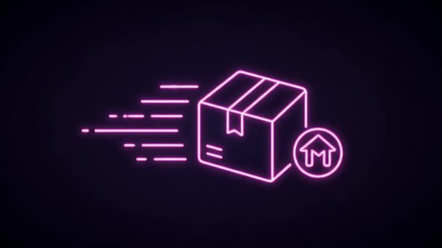 Neon pink graphic of a package with a return icon