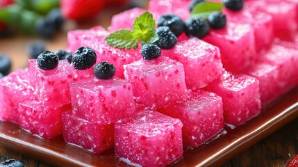 Delicious pink coconut jelly cubes with fresh blueberries a refreshing tropical treat