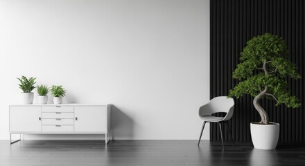 Modern minimalist interior design featuring a sleek white cabinet, stylish chair, and lush greenery
