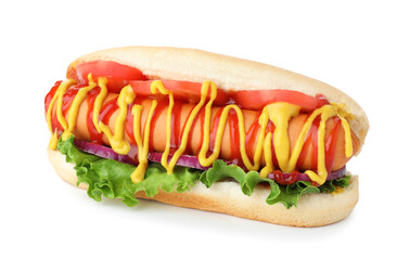 Tasty hot dog with tomato, lettuce, onion, ketchup and mustard isolated on white
