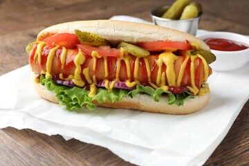 Tasty hot dog with vegetables, mustard and ketchup on wooden table, closeup