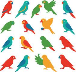 Set of 20 bright parrot silhouettes in playful poses. Perfect for kids’ books, bird-themed art, vector designs, and tropical or minimal projects.