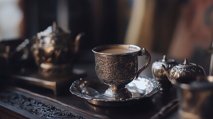 Turkish coffee served in a decorative silver cup on an ornate table in a cozy setting