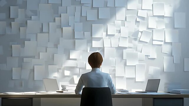 A person sitting at a desk surrounded by scattered papers, focused on work in a minimalist office space