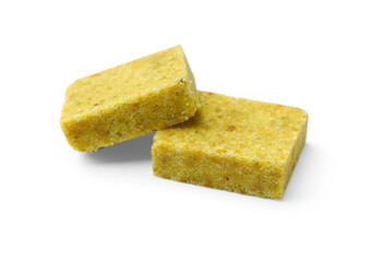 Tasty aromatic bouillon cubes isolated on white