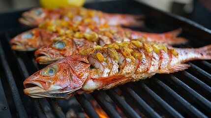 Whole red snapper grilled with spices and herbs on a barbecue grill at a beachside restaurant
