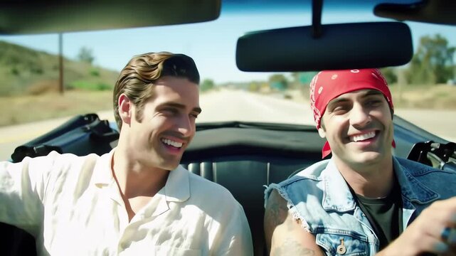 Two handsome men enjoy a summer road trip driving a classic convertible on a desert highway