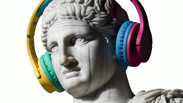 A surreal animation of a classical Greek marble statue listening to music on modern colorful headphones