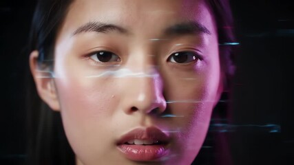 Facial recognition scan on a young Asian woman's face with futuristic digital light effects - Powered by Adobe