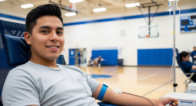 Smiling Young Hispanic Man Donating Blood During National Minority Donor Awareness Day at a Blood Drive - Powered by Adobe