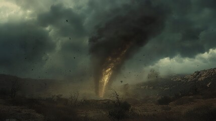 Tornado forms under dark, swirling clouds in desolate landscape